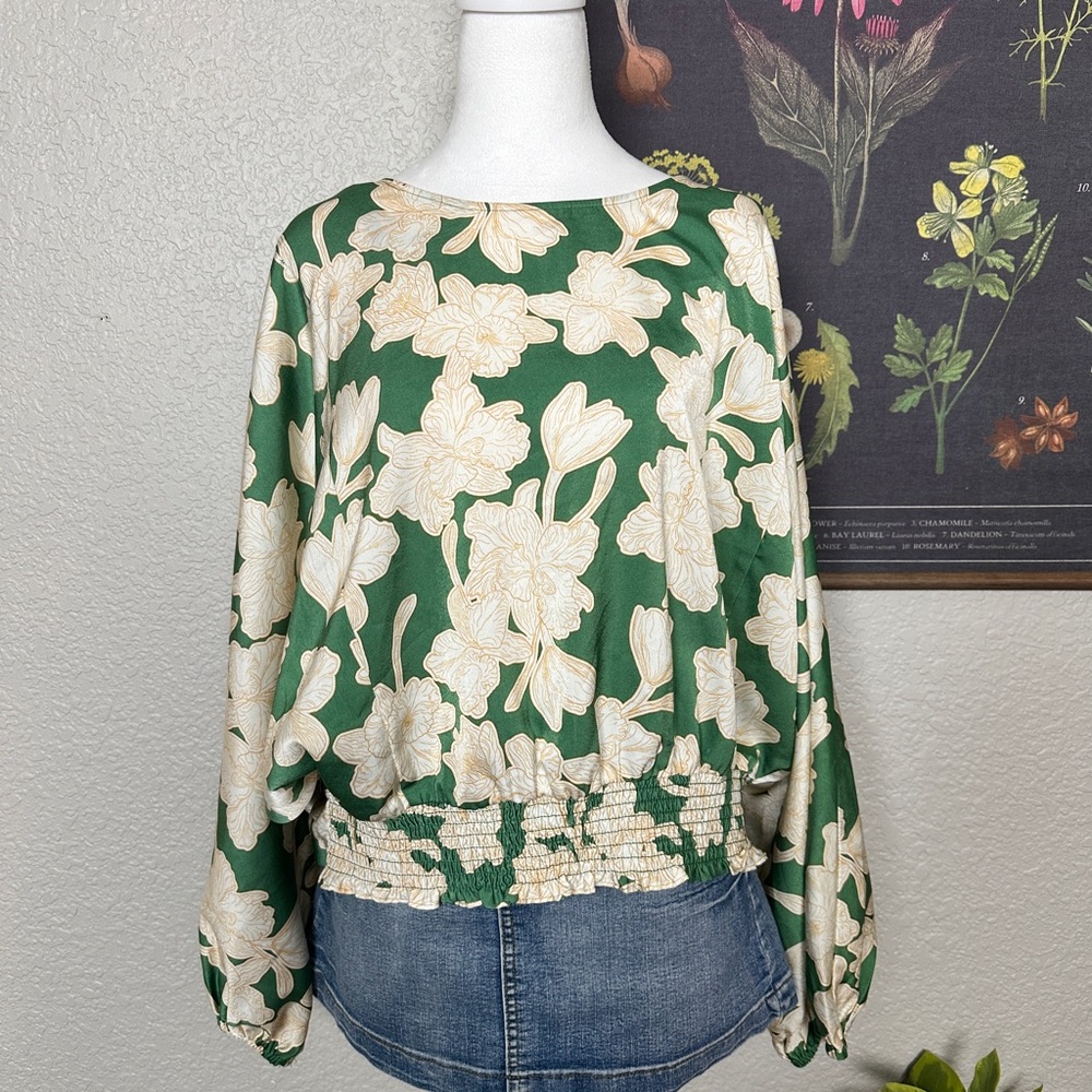 Marc New York Green and Cream Floral Smocked Waist Blouse